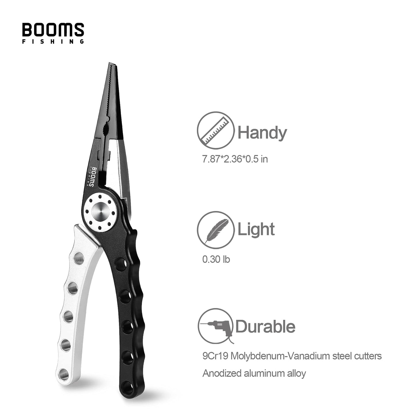 Booms Fishing X1 Fishing Pliers Aluminum, Surf Fishing Saltwater, with Coiled Lanyard and Sheath, Black