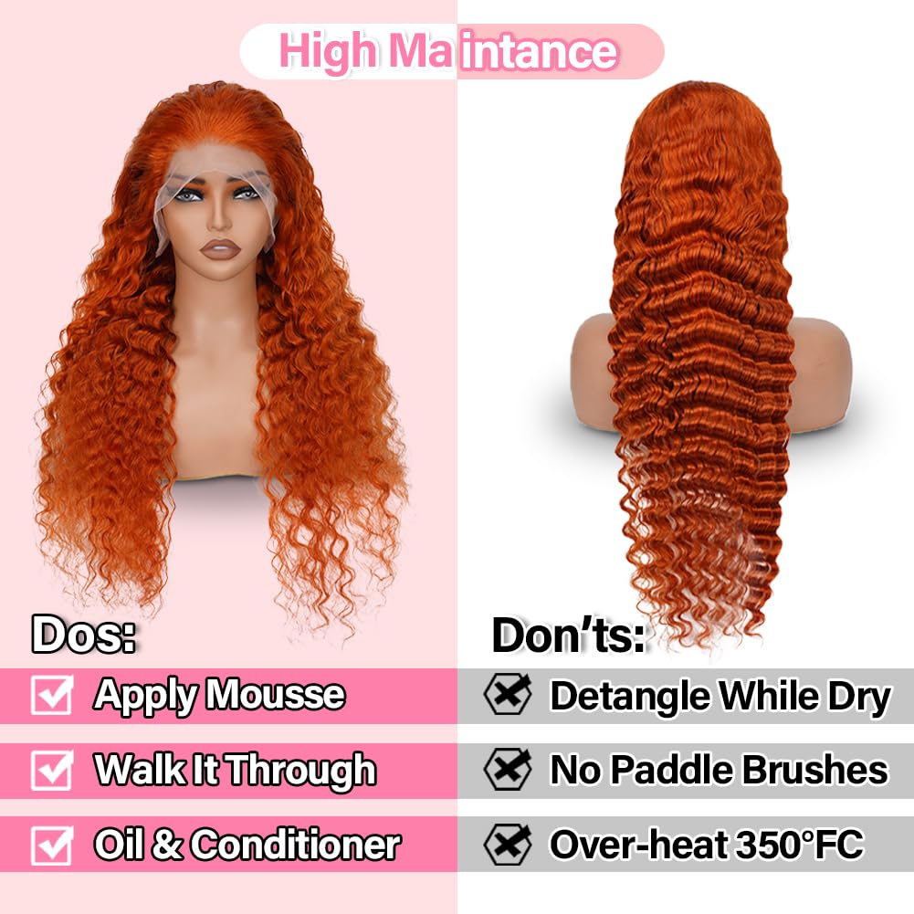 LRV 28 Inch Ginger Lace Front Deep Wave Wig Human Hair 13x4 HD Lace Frontal Curly Frontal Human Hair Ginger Wig For Women Pre Plucked 180 Density