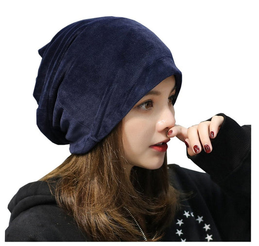 UbdehL Women's Velvet Beanie Winter Korean Fashion Hats Cap Warm Stretch Headwear Soft Skull (Navy Blue,One Size)
