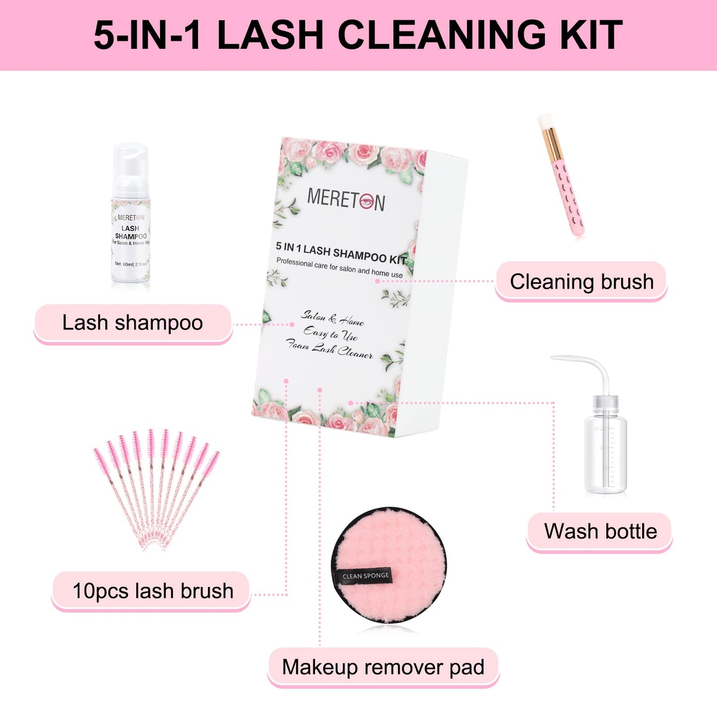 150ml Lash Shampoo for Lash Extensions, Eyelash Extension Cleanser Lash Cleaning Kit for Cluster Lashes with Fan+Makeup Pad+Cleaning Brush+100 Pcs Lash Brush+Wash Bottle, Oil Free Foam