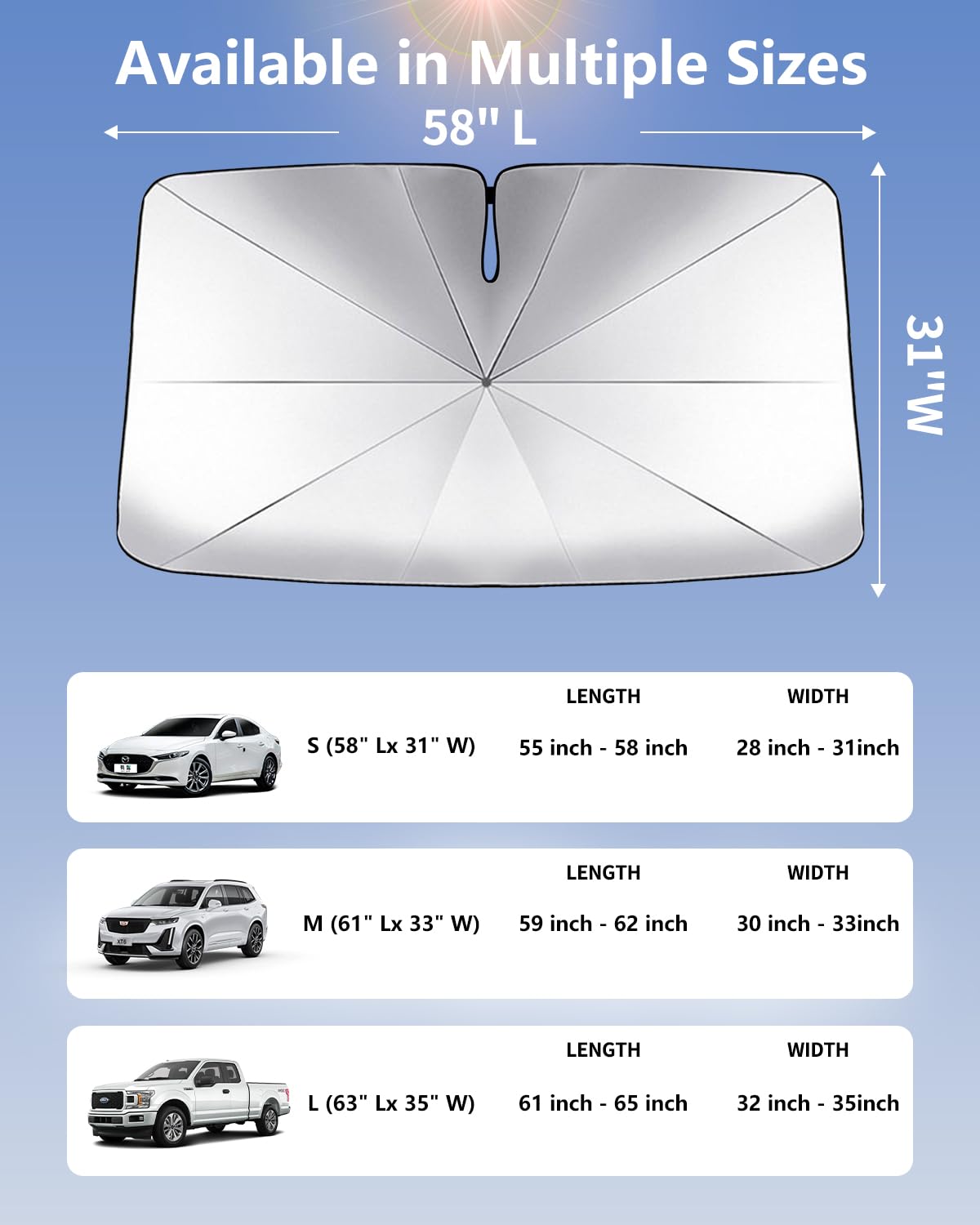 Noiclub Foldable Windshield Sun Shade Umbrella – Reflective Car Window Cover for Front Windshield, Heat Blocker for SUV, Truck, Sedan – Easy Storage with Bendable Handle