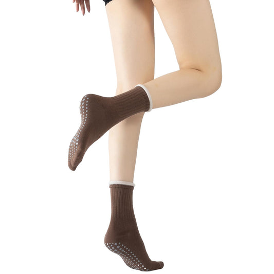 Yoga Pilates Socks with Grips for Women Non Slip Colorful Cushioned Crew Socks for Barre Ballet Dance (Dark Coffee)