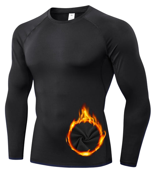 Black Thermal Compression Shirts for Men Long Sleeve Athletic Base Layer Top Winter Cold Weather Warm Running Gear Undershirt