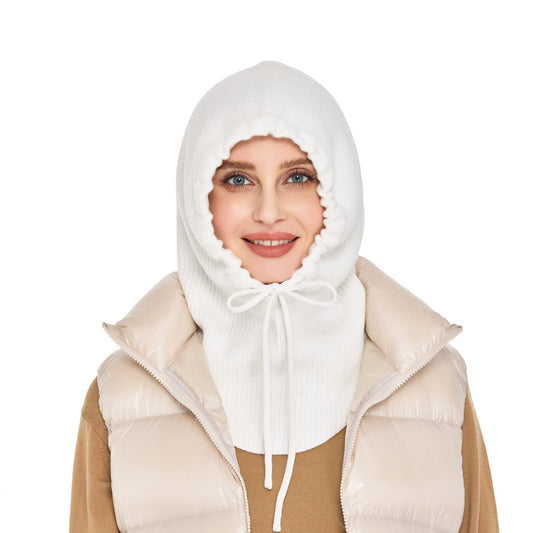 Timoise Knit Winter Hats for Women Balaclava Warm Hooded Scarf for Men and Women Beanie Hat Skull Cap (White)