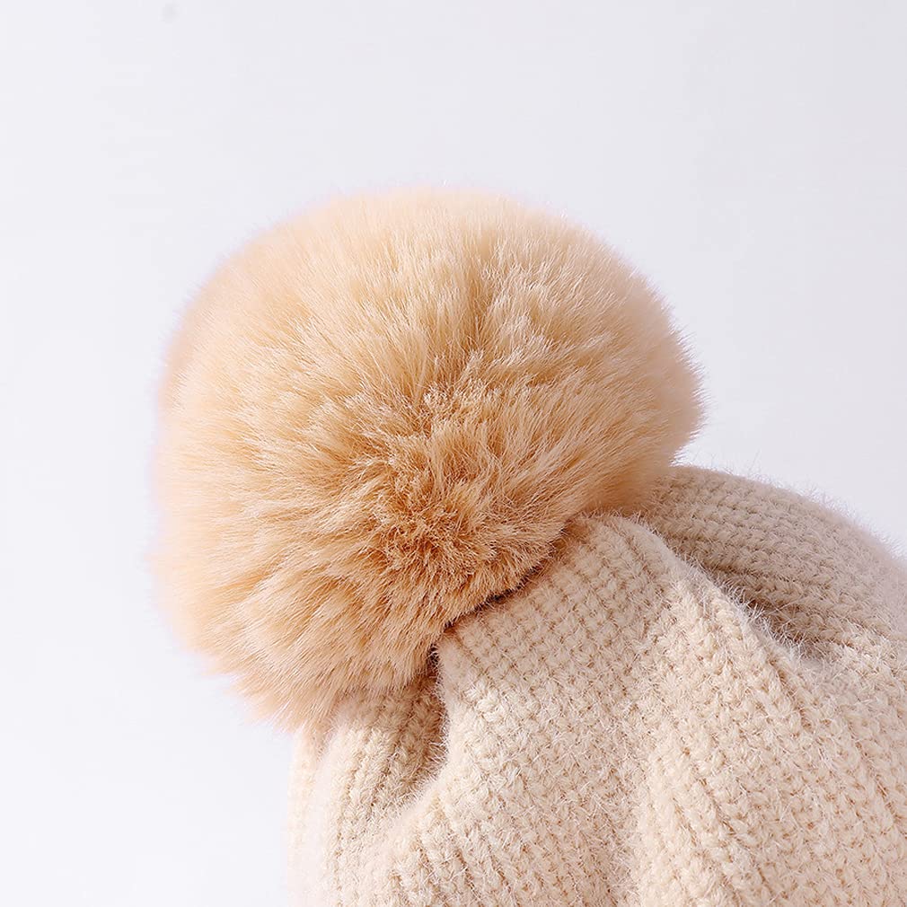 Tangjun Womens Winter Warm Beanie Knit Fur Lining Ear Flaps Cozy Cap Pompom Hat (White)