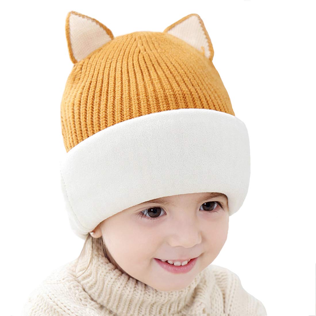 Baby Winter Hat, Toddler Winter Hat, Fleece Lined Girls Boys Infant Winter Hat, Kids Winter Hats Scarf Earflap Hood Skull Caps, 1-4T (Cat Yellow)