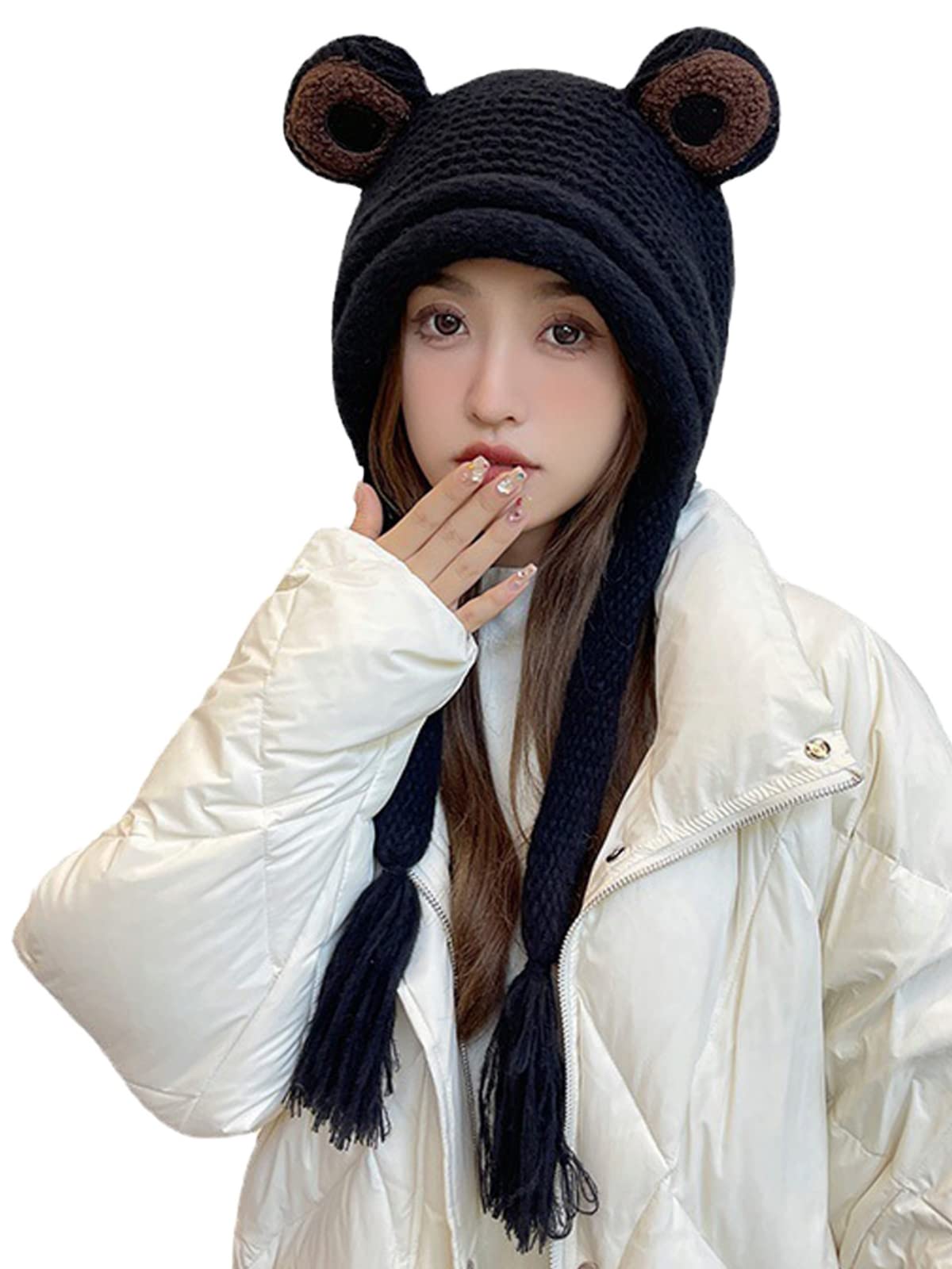 Frog Hats Adult Cute Beanie Crochet Knitted Hat Big Eye Frog Winter Ear Warmer Protective Beanie Hats Caps Outdoors Autumn Black