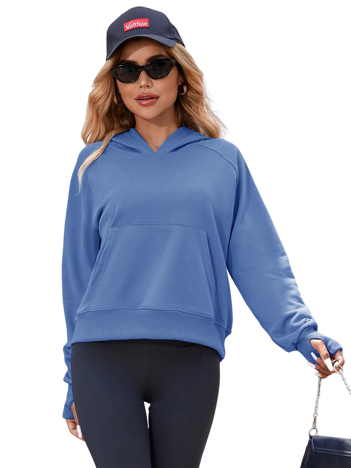 Bellcoco Womens Hoodies Pullover Cropped Sweatshirts Fall Winter Outfits Clothes for Wowen with Pocket Thumb Hole Blue