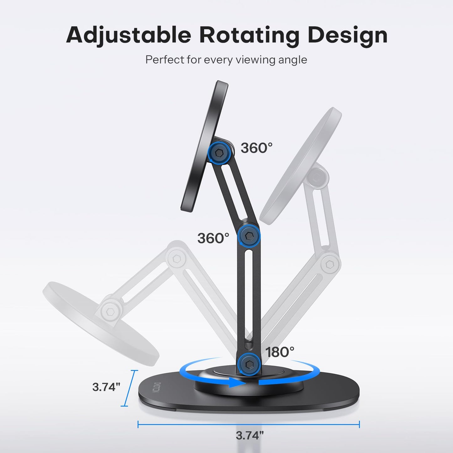 OMOTON 360°Rotating Magnetic Phone Stand for Desk, Adjustable Foldable Aluminum for MagSafe Cell Phone Stand Holder with Non-Slip Base, for iPhone 16/15/14/13 Pro Max/MagSafe Case- Black