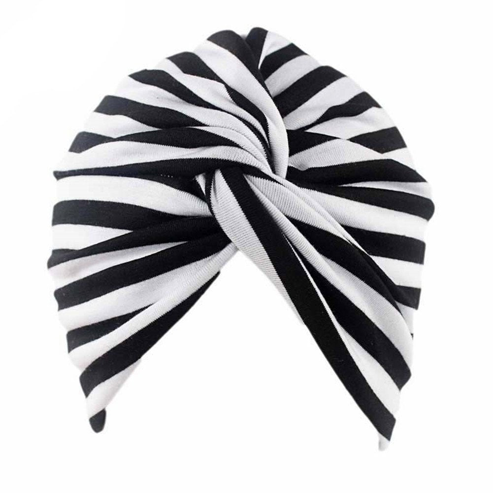 Cotton Striped Beanie Turban Chemo Hat Head Wrap Cap Headwear for Cancer Patients (Black/White)
