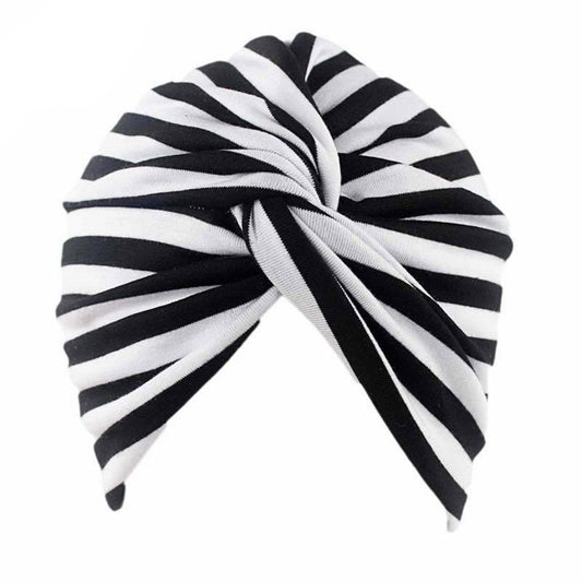 Cotton Striped Beanie Turban Chemo Hat Head Wrap Cap Headwear for Cancer Patients (Black/White)