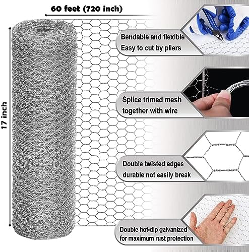 Chicken Wire Fencing Mesh, 17 Inch x 60 Feet Metal Floral Chicken Wire Fence for Crafts Poultry Garden, 0.6 Inch Hexagonal Galvanized Hardware Cloth Netting for Chicken Coop Barrier Rabbit Cage