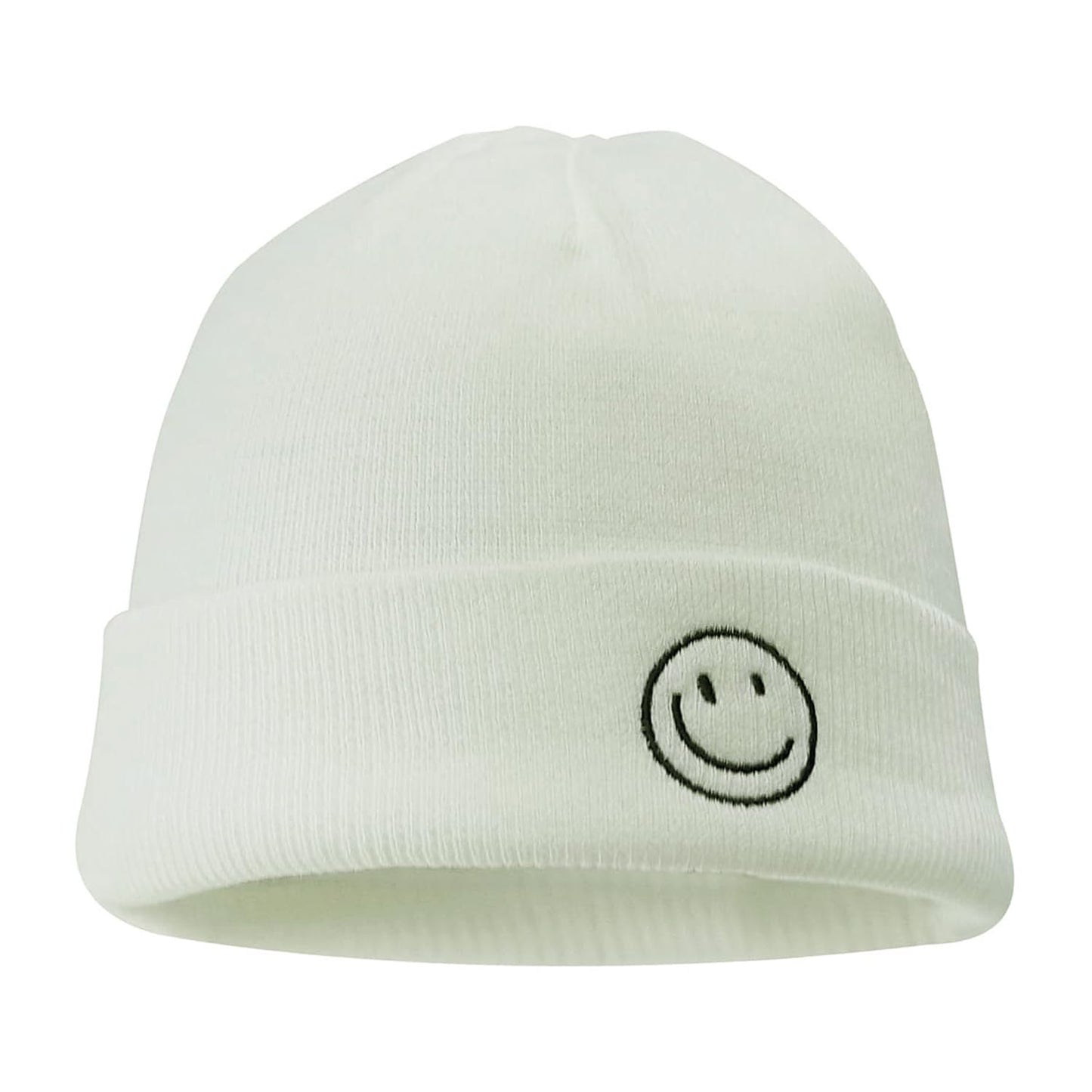 Croogo Winter Warm White Beanie Swag Knit Cuff Knitted Hat Smile Face Embroideried Fisherman Beanie Ski Caps,White-KH27