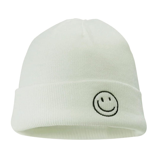 Croogo Winter Warm White Beanie Swag Knit Cuff Knitted Hat Smile Face Embroideried Fisherman Beanie Ski Caps,White-KH27