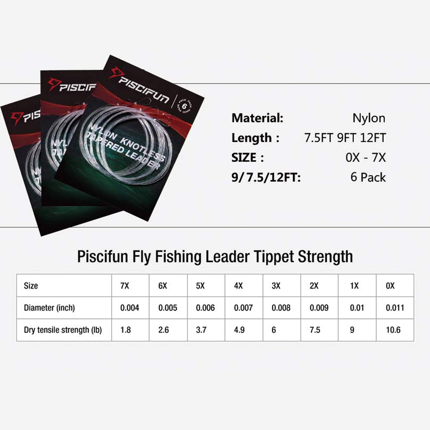 Piscifun Fly Fishing Leader with Pre-Tied Loop, Tapered Fly Line Leader, Nylon, Clear, 7.5ft, 6 Pack, 6X