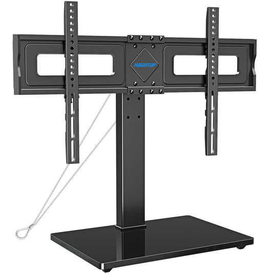 MOUNTUP Universal TV Stand, Table Top TV Stands for 37 to 65, 70, 75 Inch Flat Screen TVs, Height Adjustable, Tilt, Swivel TV Mount with Tempered Glass Base Hold up to 88lbs, Max VESA 600x400mm MU0031