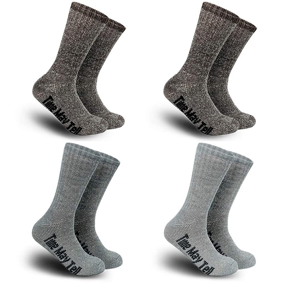 Time May Tell Mens Merino Wool Hiking Cushion Socks Thermal Warm Crew Winter Boot Socks Pack (2Brown,Light Grey,Dark Grey(4 pairs),US Size 9~13)