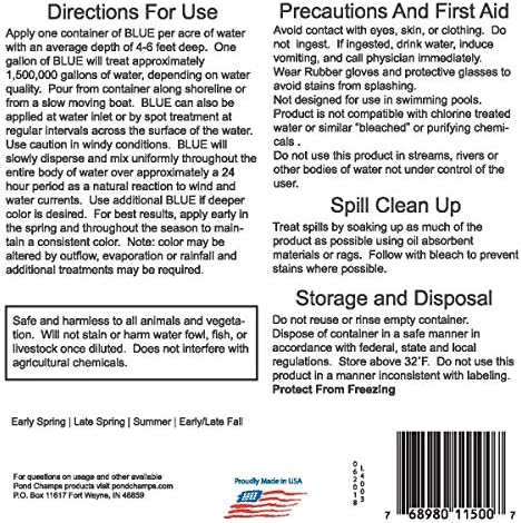 Blue Lake and Pond Dye - One Gallon of Professional Lake & Pond Dye - Treats Up to 1 Acre - Royal Blue Color - Safe for Fish, Wildlife, Pets & Children