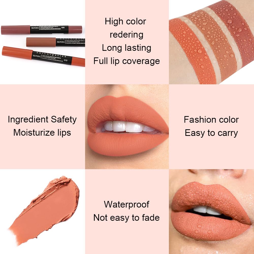 evpct DNM 1Pcs Light Yellow Brown Matte Lipstick and Lip Crayon Liner Pencil for Women Lip Stain Long Lasting Waterproof labiales mate magicos 24 horas originales pintalabios permanente 24 horas 19