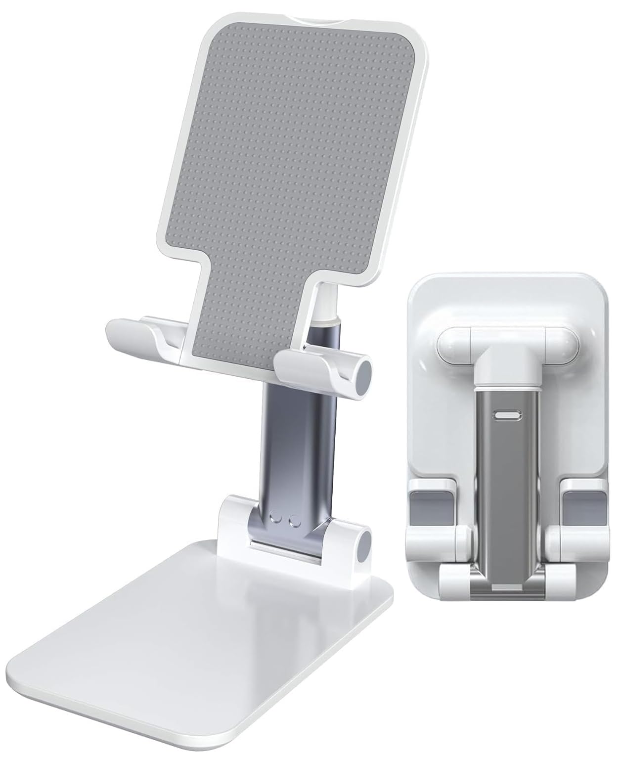 Adjustable Phone and Tablet Stand with Silicon Pad, Portable Foldable Design, Cell Phone Stand for Desk Fully Forldable Mobile Phone Holder Compatible with All Mobile Phones (White)