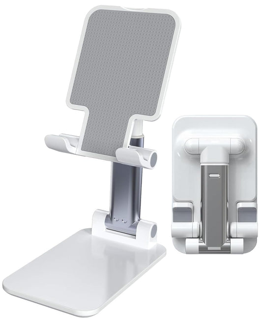Adjustable Phone and Tablet Stand with Silicon Pad, Portable Foldable Design, Cell Phone Stand for Desk Fully Forldable Mobile Phone Holder Compatible with All Mobile Phones (White)