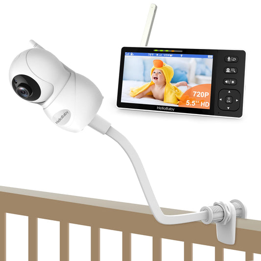 HelloBaby 720P Mountable Baby Monitor with Camera and Audio No WiFi, 5.5'' HD Easy Set Up Video Baby Monitor, Remote Pan Tilt Zoom, Night Light, 4000mAh Battery, 1000ft, 2-Way Audio 1080P Camera