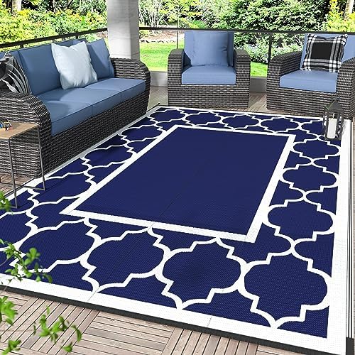 GENIMO 6' x 9' Outdoor Rug Waterproof for Patio Decor, Foldable Reversible Plastic Straw Area Rugs Mat for Camper, Outside Carpet for Rv, Deck, Porch, Picnic, Beach, Balcony, Blue & Grey