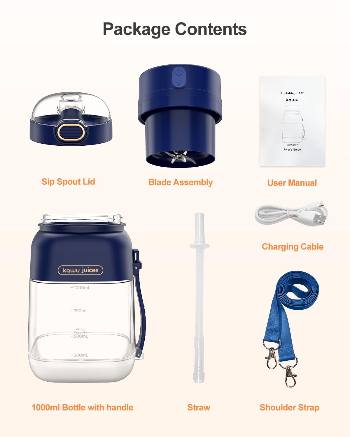 kawu Portable Blender, Smoothie Blender, Personal Blenders with 34.1 oz, No-BPA, Leakproof-Lid and Sip Spout, USB-C Rechargeable, Dishwasher Safe, Personal Mixer for Shakes, Recipes, with Handle/Strap