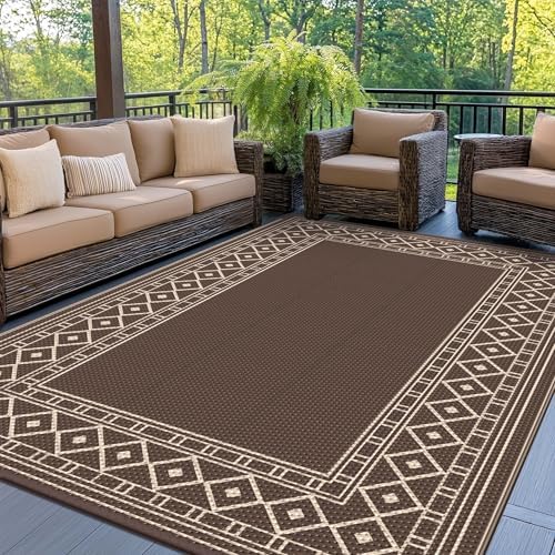 GENIMO Outdoor Rug Waterproof for Patio Decor, 6'x9' Foldable Reversible Plastic Straw Carpet for Travel Trailers, Outside Area Mat for Rv, Deck, Picnic, Porch, Camper, Balcony, Beach, Coffee & Beige
