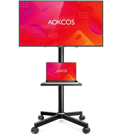 AOKCOS Rolling TV Stand - Mobile TV Stand on Wheels for 32-65 inch Flat/Curved TVs with Tilting, Height Adjustment Portable Rolling TV Cart Hold up to 88 Lbs for Livingroom, Bedroom, Office, Outdoor