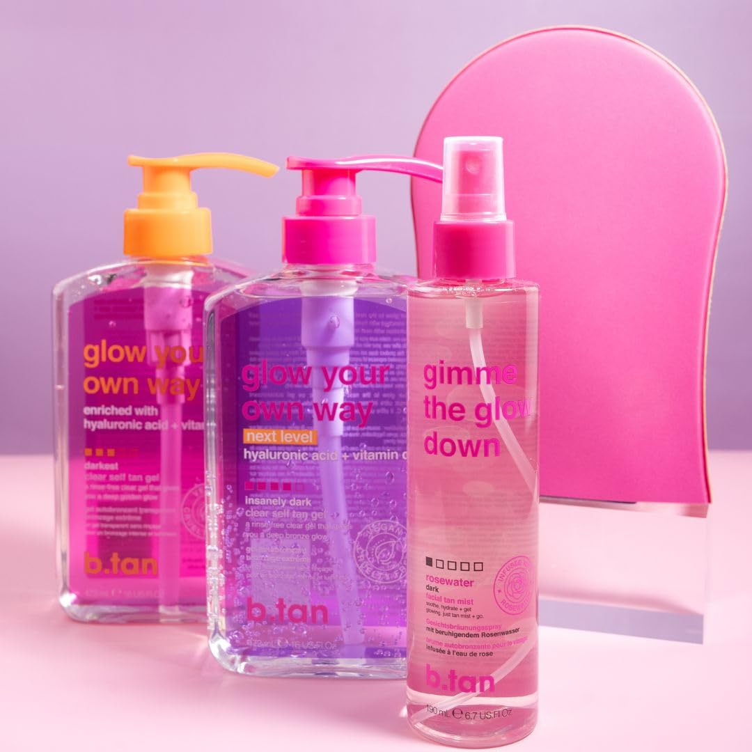 b.tan Insanely Dark Clear Self Tan Gel | Glow Your Own Way Next Level - Best, Transfer-Resistant Sunless Tanning Lotion, Ultra Quick Bronze, No Fake Tanner Smell, 16 Fl Oz