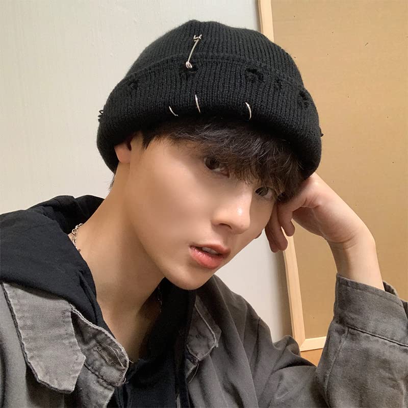Gothic Beanie Winter Knit Hats Trendy Metal Rings Pin Hip Hop Streetwear Harajuku Y2k Skull Cap Emo Scene Grunge Accessories (Black,One Size)