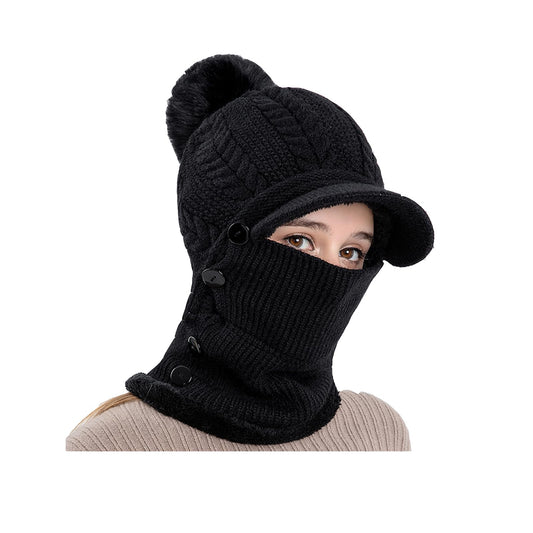 Winter Hats Warm Face Mask Cap One-Piece Scarf Mask Set Knitted Warm Bib Beanie Hat, Knitted Hat, Caps with Visor, Black