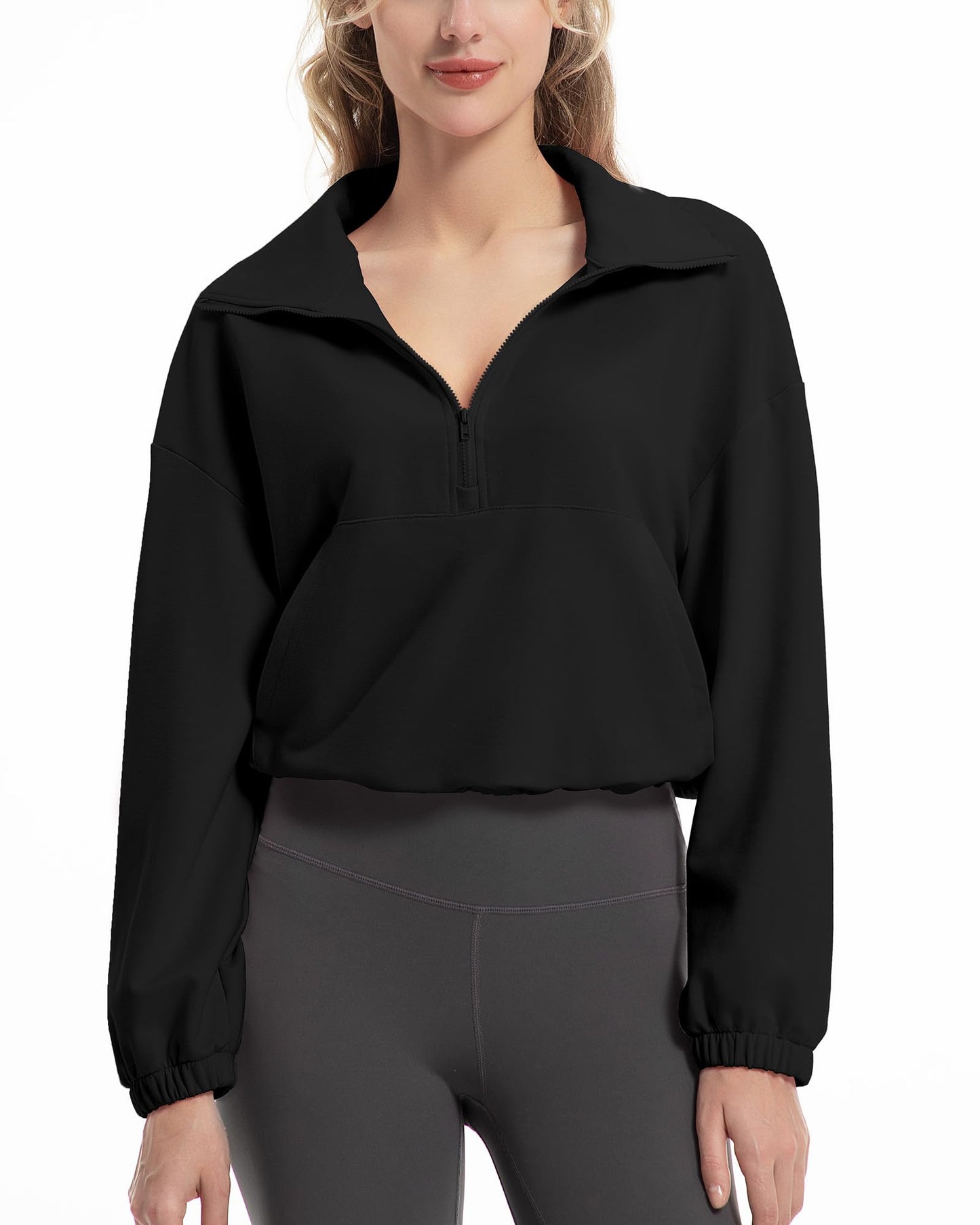 FKEEP Quarter Zip Pullover Women Cropped Sweatshirt Long Sleeve Crop Top Stand Collar Drawstring Casual Pullover Black