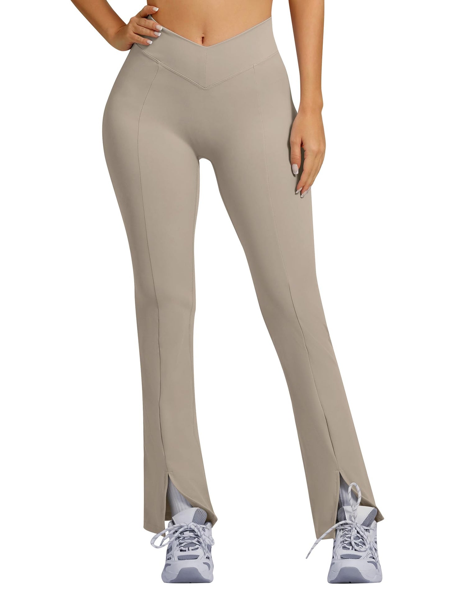 ABOCIW Crossover Flare Leggings for Women V Back Scrunch Butt Lifting Gym Workout Leggings Slipt Hem Wide Leg Bootcut High Waist Yoga Pants Khaki Small