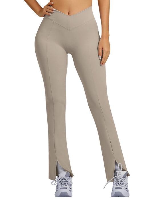 ABOCIW Crossover Flare Leggings for Women V Back Scrunch Butt Lifting Gym Workout Leggings Slipt Hem Wide Leg Bootcut High Waist Yoga Pants Khaki Small
