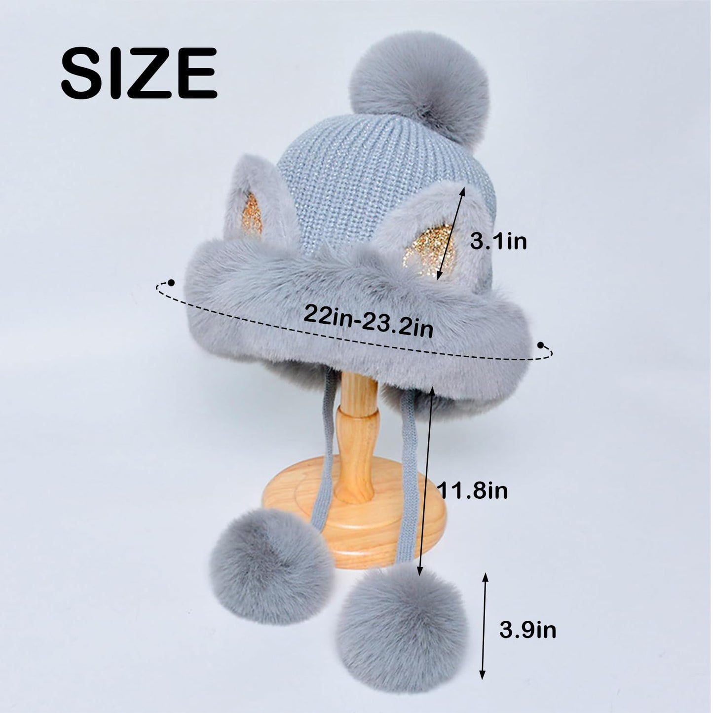 Fluffy Cat Ear Beanie Hats for Women Pompom Knit Skull Cap Winter Outdoor Warm Fleece Lined Earflaps Snow Hat