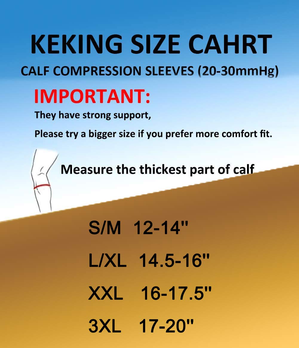 KEKING® Calf Compression Sleeves for Men & Women, 2 Pairs, True 20-30mmHg Leg Compression Socks Support for Running, Shin Splint, Calf Pain Relief, Swelling, Varicose Veins, Nursing, Black S/M