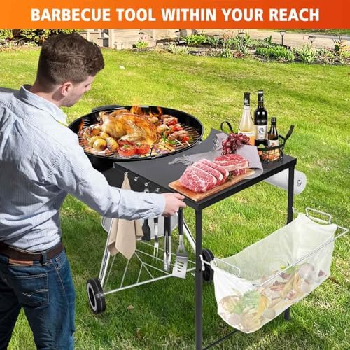 Grill Side Table for Weber Kettle 22/26, Weber Smokey Mountain 22 Grill, Grill Work Table for Weber Master Touch, Premium, Kettle Grill Accessories, Adjustable Height Charcoal Kettle Grill Table