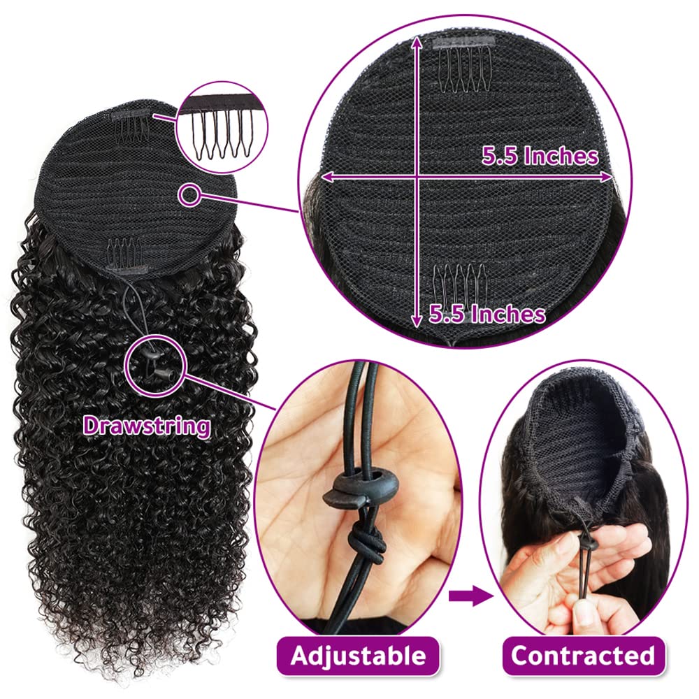 Adette 12 Inches Curly Ponytails Human Hair Drawstring Ponytail Extension Kinky Curly Clip in Pony Tail Hair Extensions Hair Pieces for Black Women Natural Black