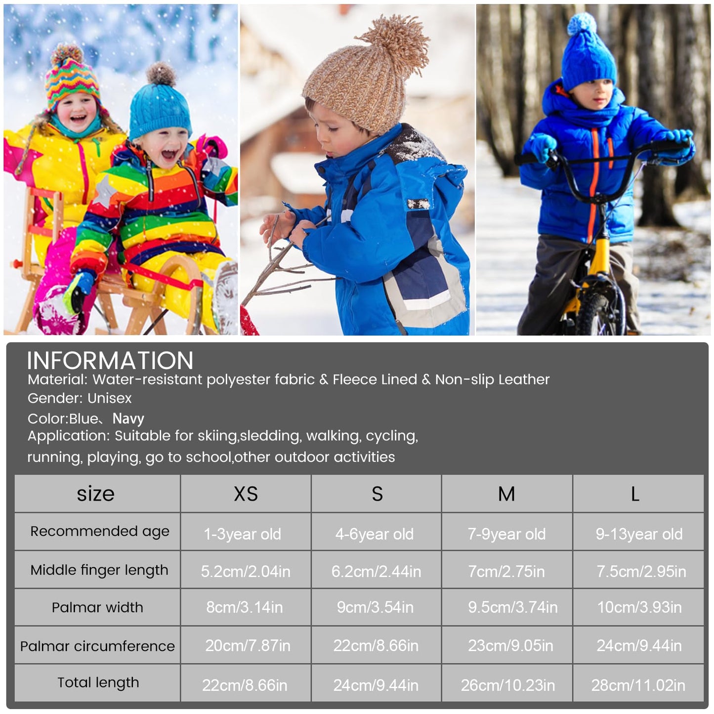 QKURT Kids Ski Gloves, Waterproof Winter Warm Snow Gloves for Boys Girls, Snowboard Gloves Ski Skate Mittens with Fleece Lining for Children Age 2-13 Cold Weather Outdoor Sport