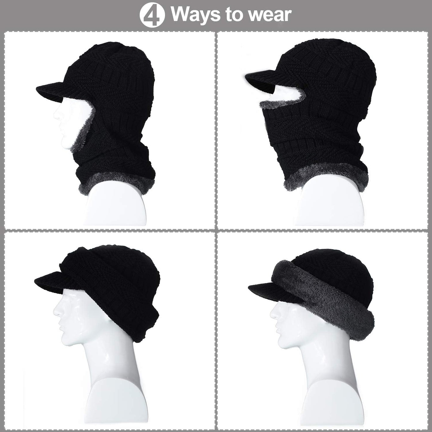 Syhood Knitted Balaclava Beanie Hat Winter Neck Warmer Ski Face Cover Neck Gaiter (Black, Grey,2 Pieces)