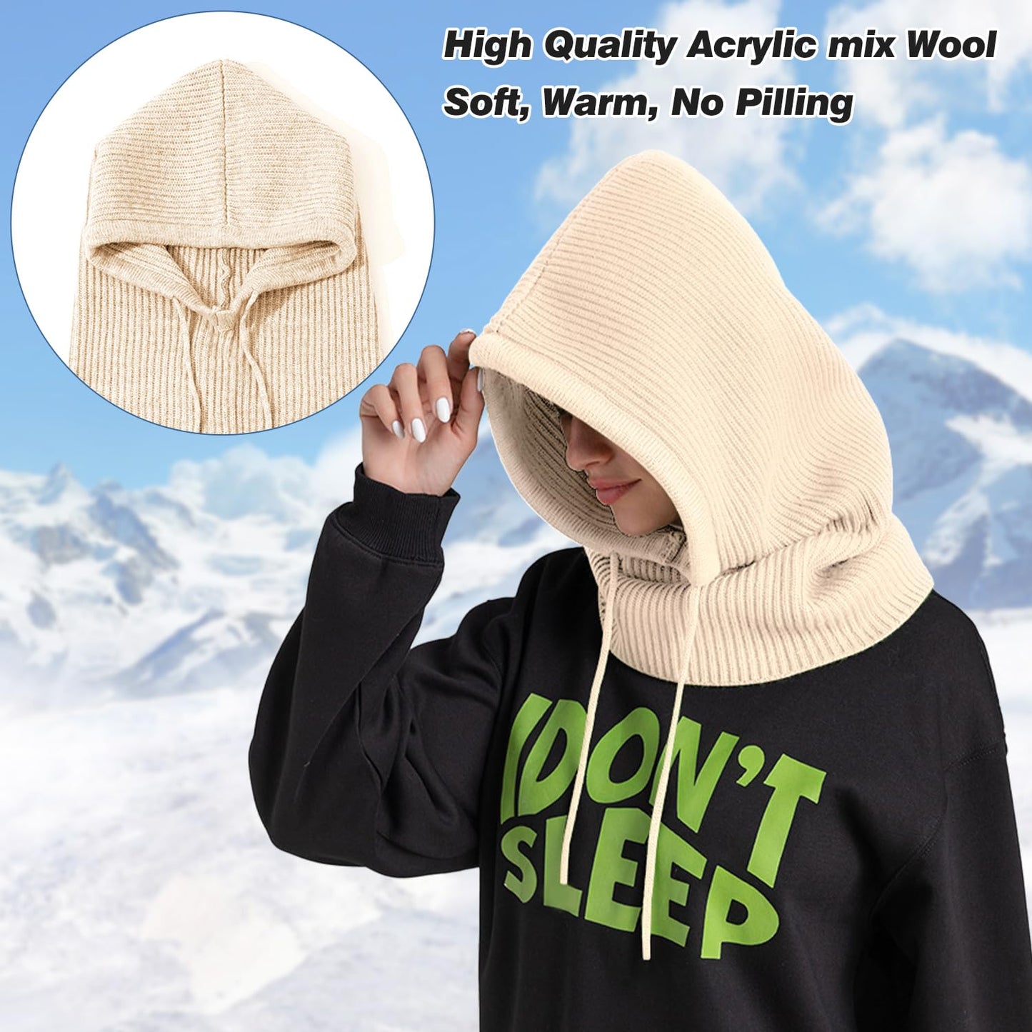 Peicees Hooded Scarf Hat Knit Balaclava for Women Men Winter Neck Gaiters Beanie Skull Cap Drawstring Neck Warmer Fashion