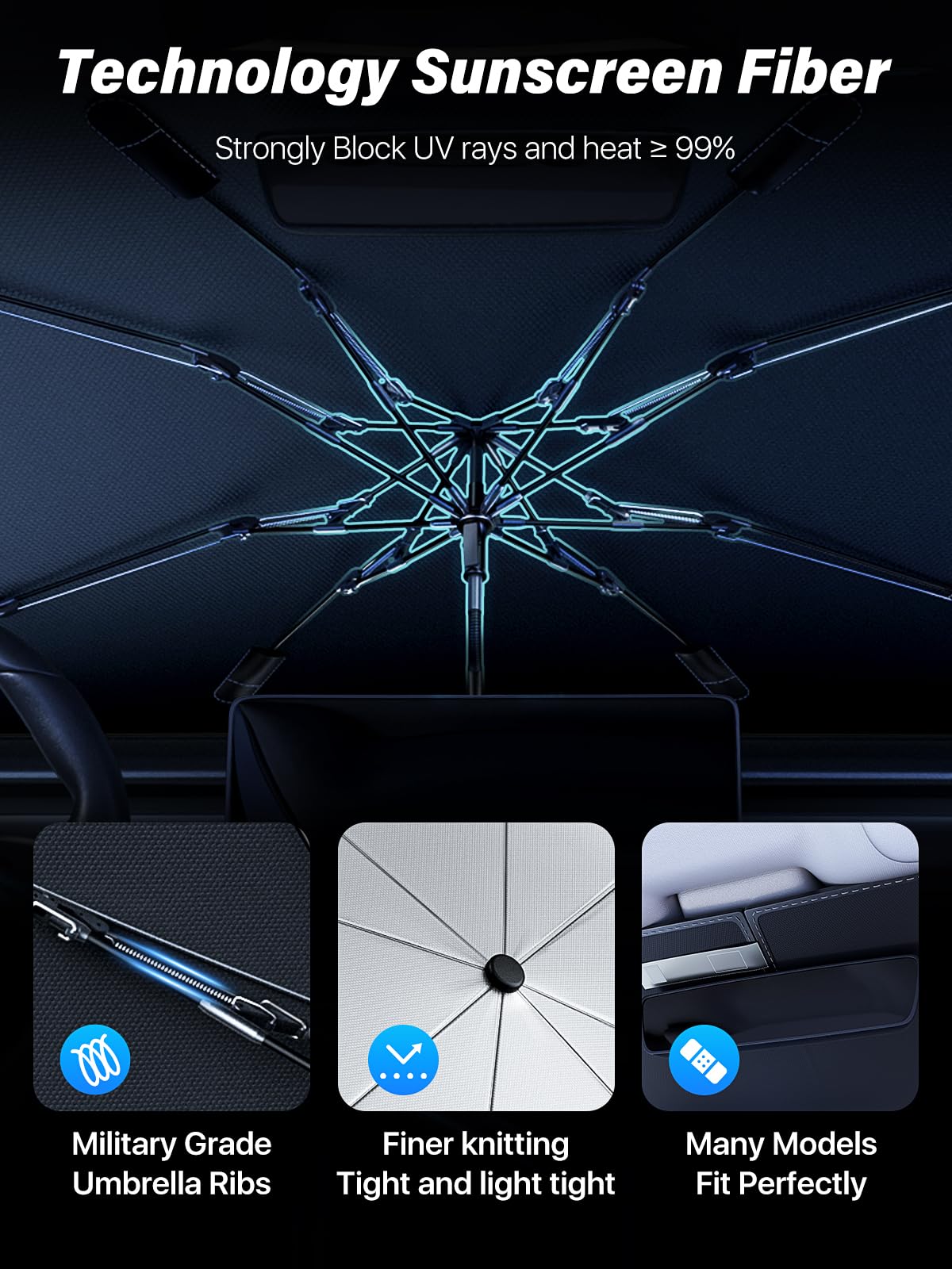 [2025 Upgrade] TrySpace Car Windshield Sun Shade Umbrella - [Silver Heat Shield & UV Reflective] Protector for Cars, Universal Fit Medium (56"x31") | 25°F Cooler, Friendly Vinyl Coatings Medium