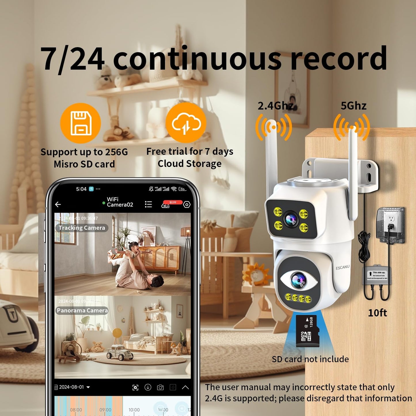 ESCANU Dual Lens Security Camera Outdoor,WiFi Camera for Home Security,Home Survaillance Outdoor,PTZ,2-Way Audio, Auto Tracking,Night Vision,24/7 Continous Record,IP65 Weather Proof