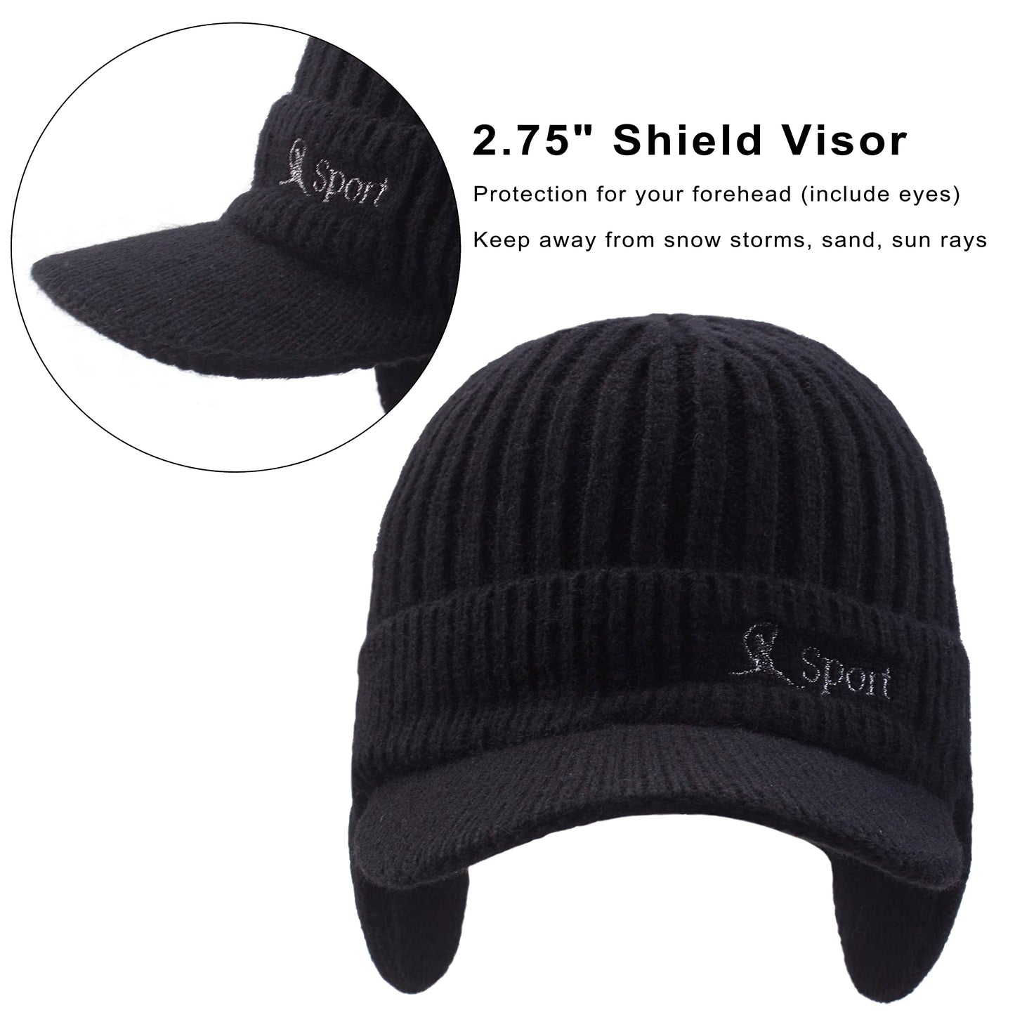 Muryobao Men Winter Beanie Hat Soft Fleece Lined Cuff Knit Hats with Visor Warm Earflaps Newsboy Skull Ski Cap Black