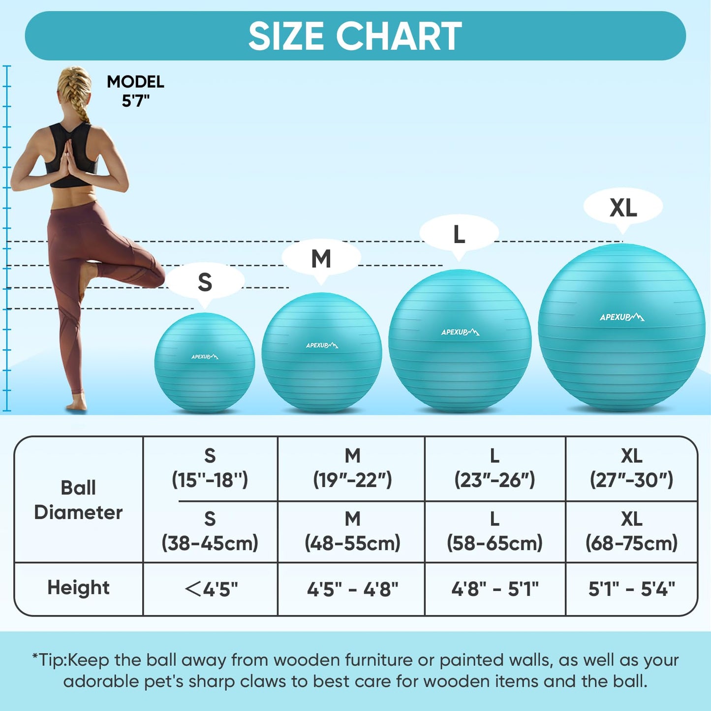 APEXUP Yoga Ball Exercise Ball, Anti Slip Stability Ball Chair, Heavy Duty Large Gym Ball for Fitness, Balance, Core Workout and Physical Therapy (S (15"~18") 45cm, Light Blue)