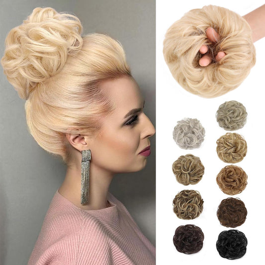 MORICA 1PCS Messy Hair Bun Hair Scrunchies Extension Curly Wavy Messy Bun Hair Synthetic Chignon Hairpieces for Women(22/613#(Pale Golden Blonde & Bleach Blonde Mixed))