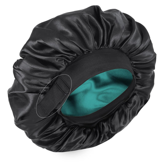 Silk Bonnet for Sleeping Double Layer Satin Bonnet Adjustable Bonnets for Black Women Sleep Cap Reversible Hair Bonnet for Curly Hair (Black and Teal)