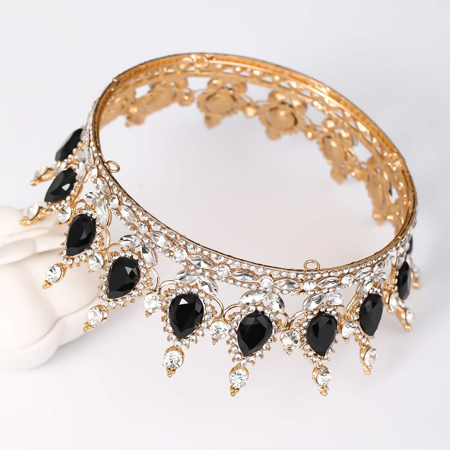 FORSEVEN Queen Crown Rhinestone Wedding Crowns and Tiaras for Women Costume Party Hair Accessories Princess Birthday Crown Crystal Bridal Crown (Gold+Black)